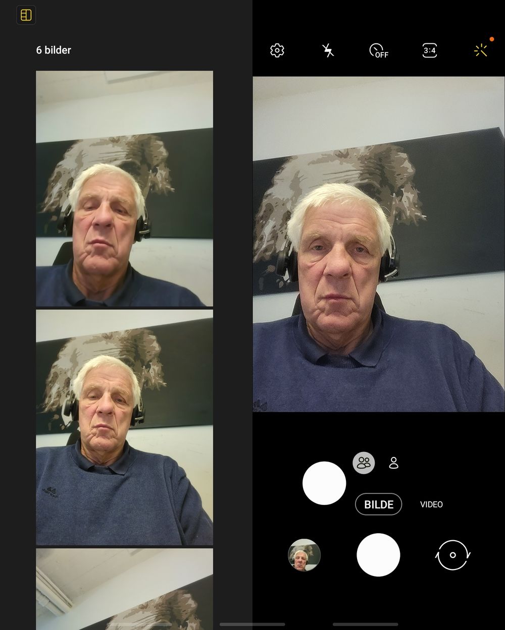 Med selfiekameraet inni, som er delvis skjult bak skjermen, får du opp bildene til venstre etter hvert som du tar dem. Praktisk, men om du vil ha kvalitet kan du bruke et av de fire på forsiden.