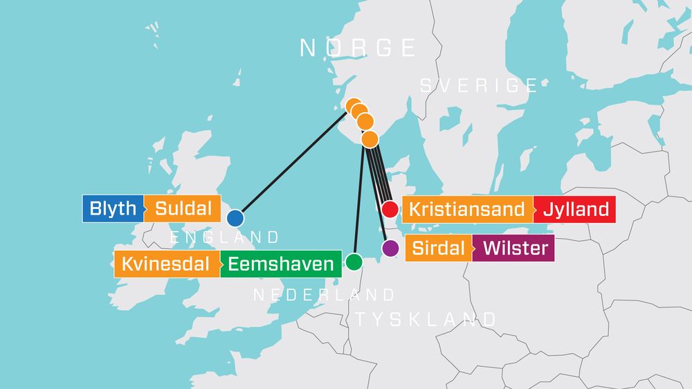 Norge har sju sjøkabler til utlandet: Én til England, Tyskland og Nederland, og fire til Danmark.