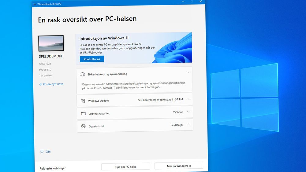 Verktøyet Tilstandskontroll for PC installert i Windows 10.