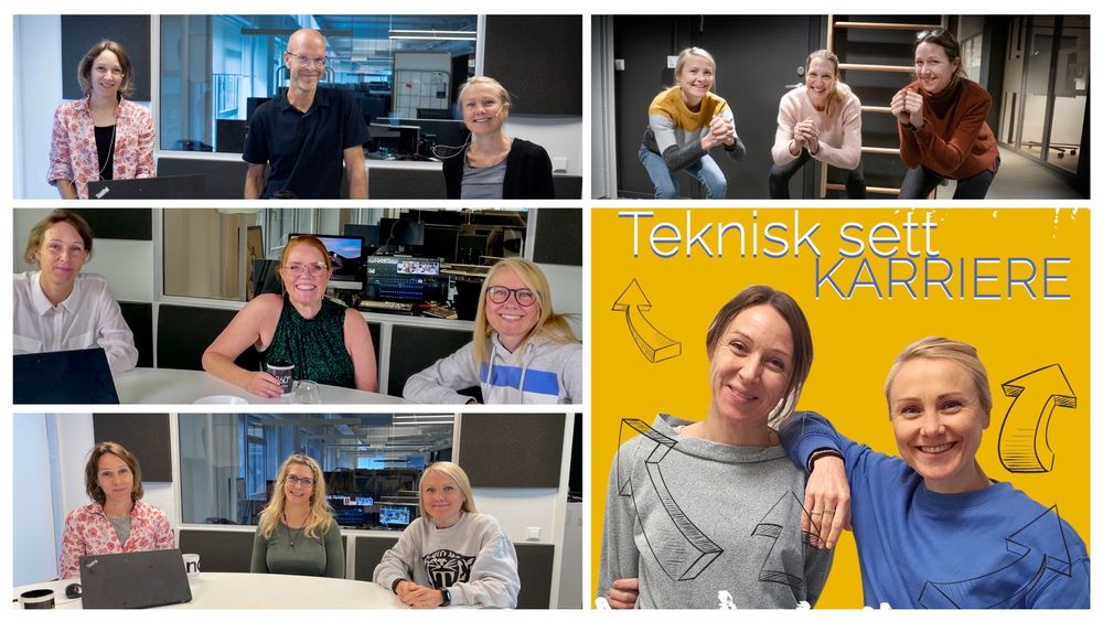 Journalistene Kjersti Flugstad Eriksen (t.v.) og Tuva Strøm Johannessen (t.h.) er programledere i Teknisk Ukeblads nye podkast Teknisk sett karriere. I montasjen vises noen av gjestene som de snakker med i podkasten. 