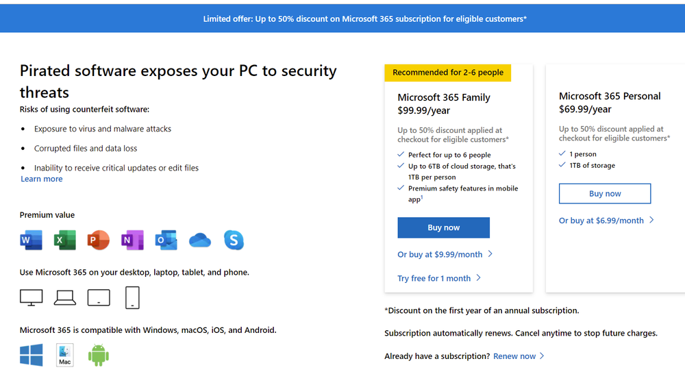 Ved å klikke på meldingen i Office-applikasjonen tas brukere til denne siden, som prøver å få pirater til å kjøpe den legitime Microsoft 365-utgaven.