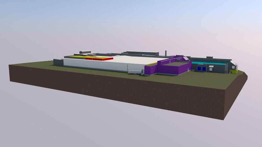BIM-modellen viser hvordan fabrikken i Tønseberg vil se ut etter oppgradering og påbygging, til sammen nesten 40.000 kvadratmeter.