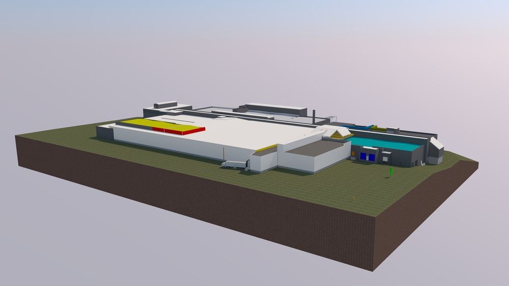 BIM-modellen viser hvordan fabrikken i Tønseberg vil se ut etter oppgradering og påbygging, til sammen nesten 40.000 kvadratmeter.