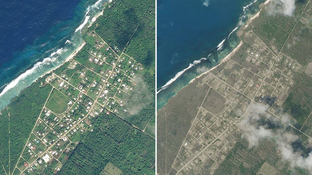 Disse to satellittbildene viser Niutoua på øya Tongatapu i Tonga før (til venstre) og etter utbruddet og den påfølgende tsunamien.