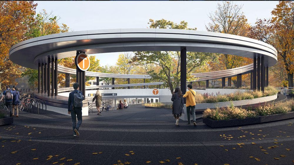 Adkomst til Fornebuporten stasjon langs Oksenøyveien, tegnet av Zaha Hadid Architects og A-lab.