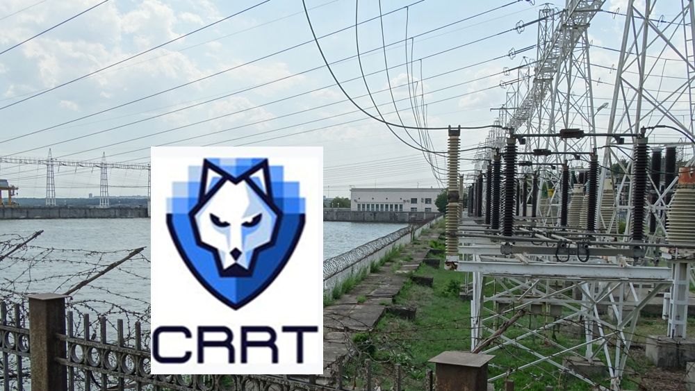 Ukraina kan trolig vente cyberangrep mot viktig infrastruktur. Bildet viser CRRT-logoen foran Dniproges-dammen i Zaporozhye, Ukraina.