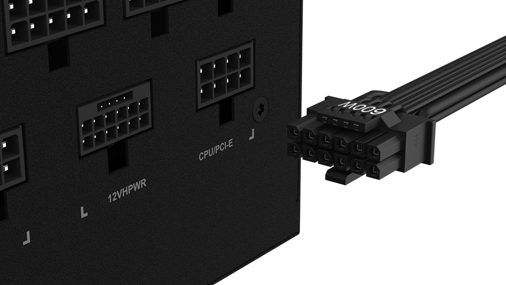 Strømforsyning med blant annet den nye 12VHPWR-kontakten, som har 12 pinner til levering av effekt og fire pinner til signalering.