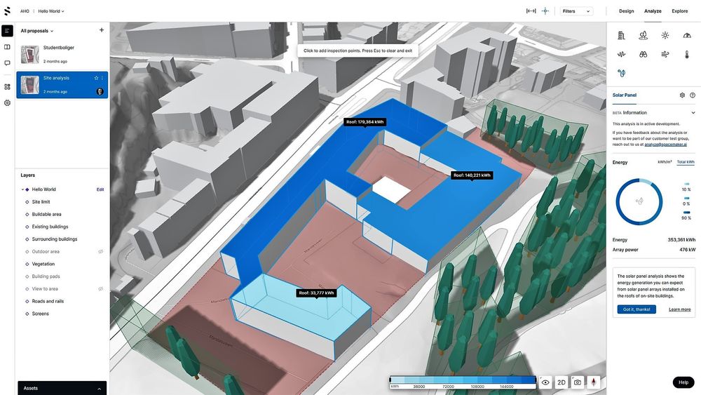 Med solceller på taket av Arkitekt- og designhøyskolen i Oslo kan omtrent 265 studentboliger få gratis strøm, viser Spacemakers analyseverktøy for solceller.