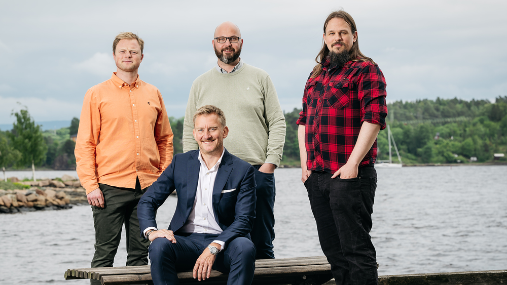 Orange Cyberdefense Norges nye kommersielle direktør, Morten Skogvold, i front. Her sammen med Marius Hallbing (t.v.), Espen Gerhardsen og Erlend Bauthus.