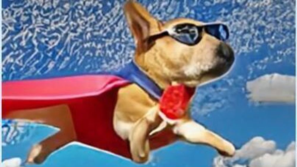 Stillbilde fra video laget med teksten «En hund som har på seg et superheltkostyme flyr gjennom himmelen».