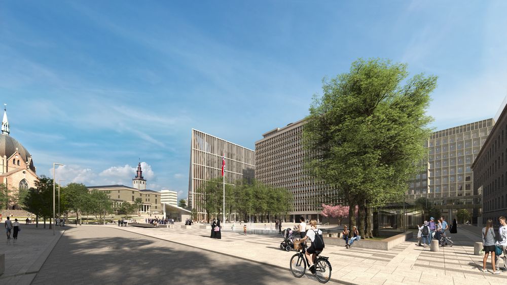Oversiktsbilde sett fra Akersgata av det nye regjeringskvartalet. Planlagt byggestart er neste år, med ferdigstillelse i 2029.