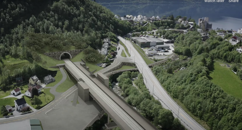 Prisen for fjelltunnel øker mest, ifølge SSBs siste tall. Skjermbilde av illustrasjonsvideo for fellesprosjektet ny E16 og Vossebanen Arna-Stanghelle