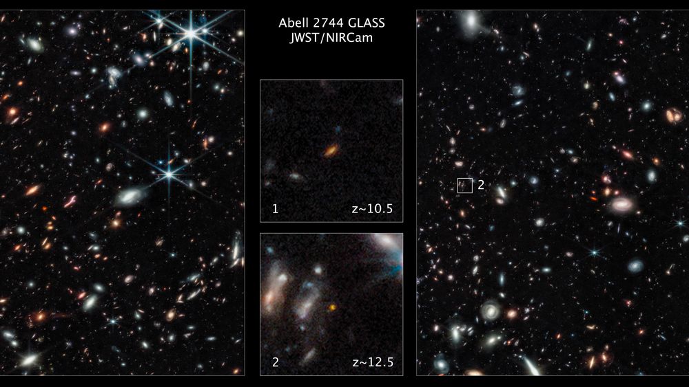 Disse bildene fra James Webb-teleskopet viser sannsynligvis de fjerneste galaksene som er blitt avbildet noensinne. De ble trolig dannet kun 350 millioner år etter Big Bang, ifølge Nasa.