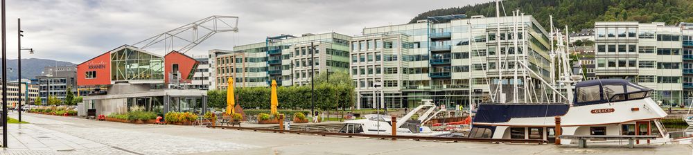  Den kranformede kafeen til venstre i bildet henspiller på historien til det tidligere industriområdet. Nå er DNB et fokuspunkt i den nye bydelen Solheimsviken har blitt.  <i>Foto:  TUM Studio</i>