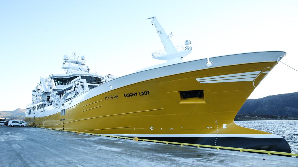 «Sunny Lady» til kai på Mjølstadneset utenfor Fosnavåg. Fartøyet er 86 meter langt og dermed en av Norges største fiskebåter. Skipet er bygget i Tyrkia, men utrustet med norsk og nordeuropeisk teknologi.
