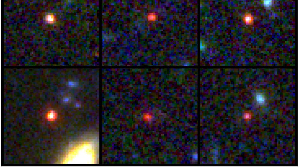 Dett sammensatte bildet fra Nasa og ESA viser de seks galaksene, slik de så ut 500-800 millioner år etter Big Bang. Bildet nederst til venstre kan inneholde like mange stjerner som Melkeveien gjør i dag, men er 30 ganger mer kompakt.