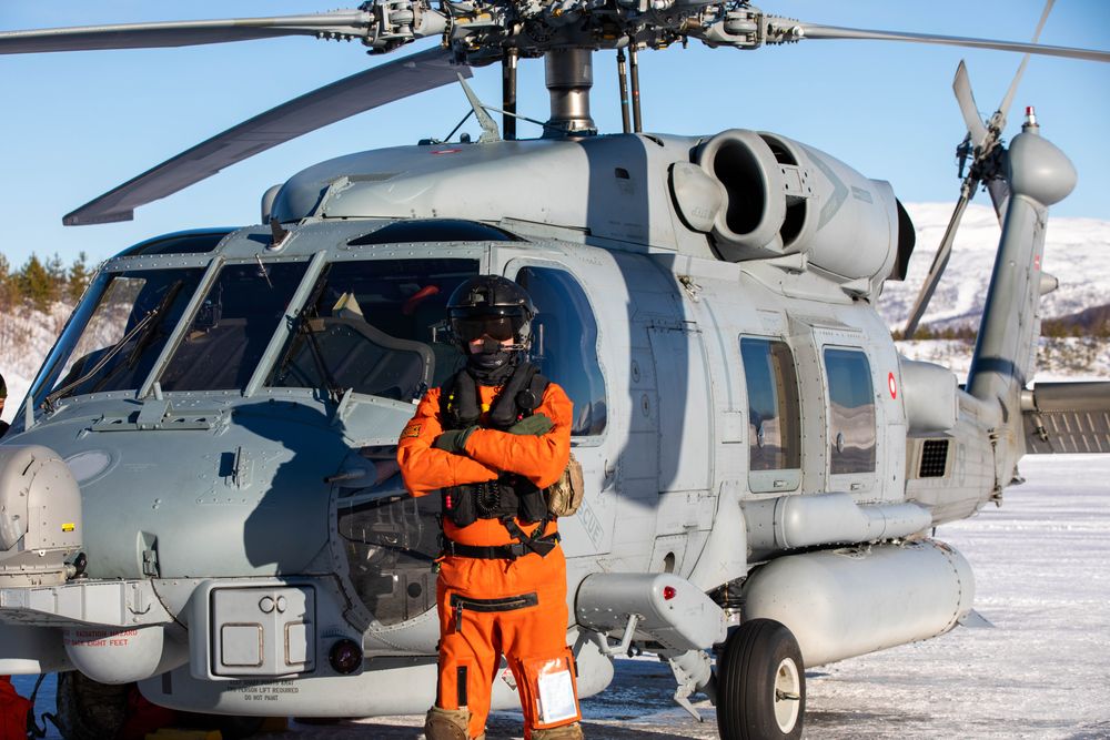Dansk Sikorsky MH-60R Seahawk på besøk hos Maritim helikopterving på Bardufoss under øvelsen Joint Viking onsdag 13. mars 2023. 