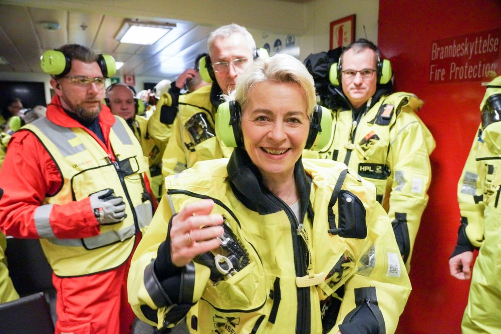 EU-kommisjonens president Ursula von der Leyen. Har fra et besøk på Troll A-plattformen i mars 2023.