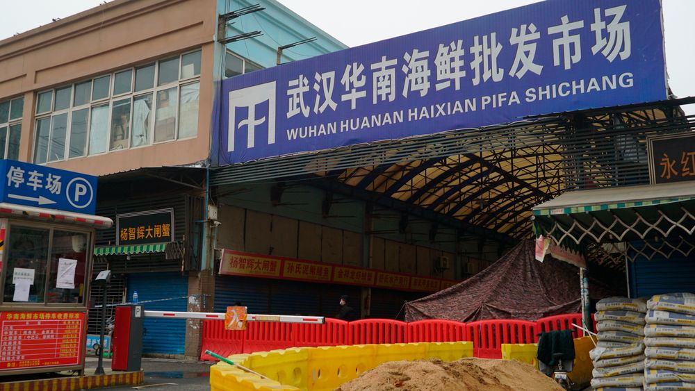 Et marked i Wuhan som var stengt for offentligheten i januar 2020. Slike markeder har lenge vært mistenkt som arnestedet for covid-19, på grunn av den tette kontakten mellom levende dyr og mennesker.