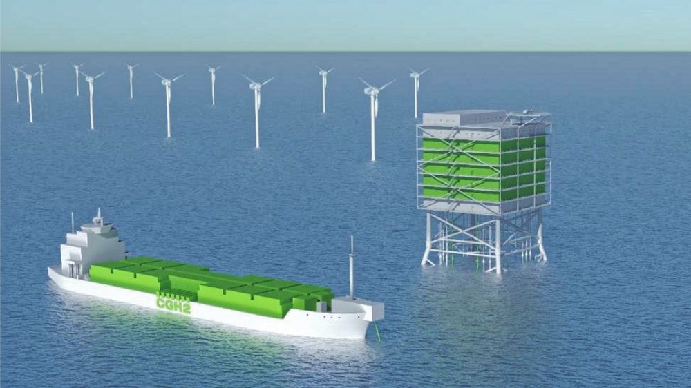 Slik kan en fremtidig havvindpark se ut, med en hydrogenfabrikk plassert på plattform sammen med vindmøllene, og fraktskip som bringer komprimert hydrogen til land.