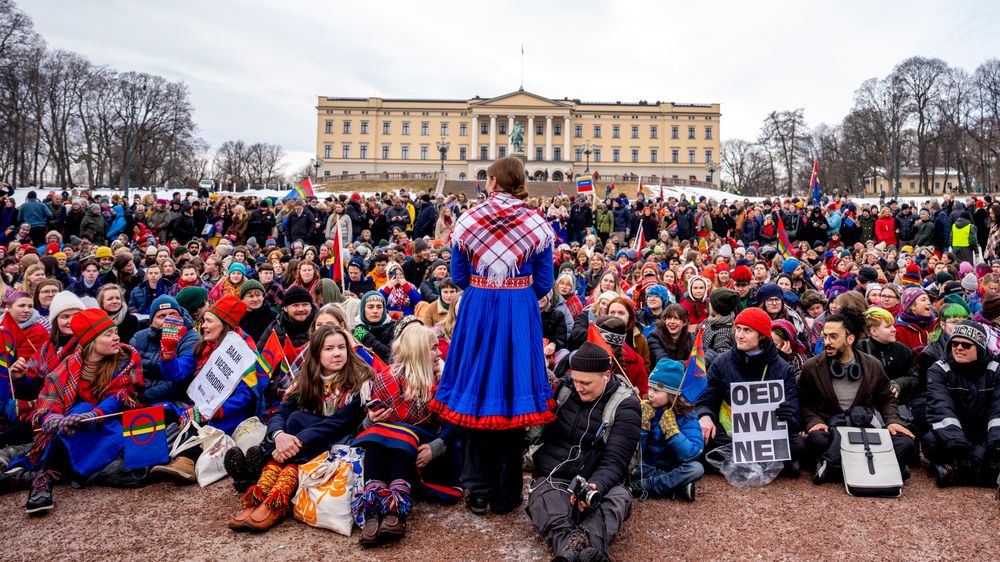 Aksjonister protesterte i vinter i Oslo mot vindturbinene på Fosen. Først om et år kan en ny utredning om saken være klar.