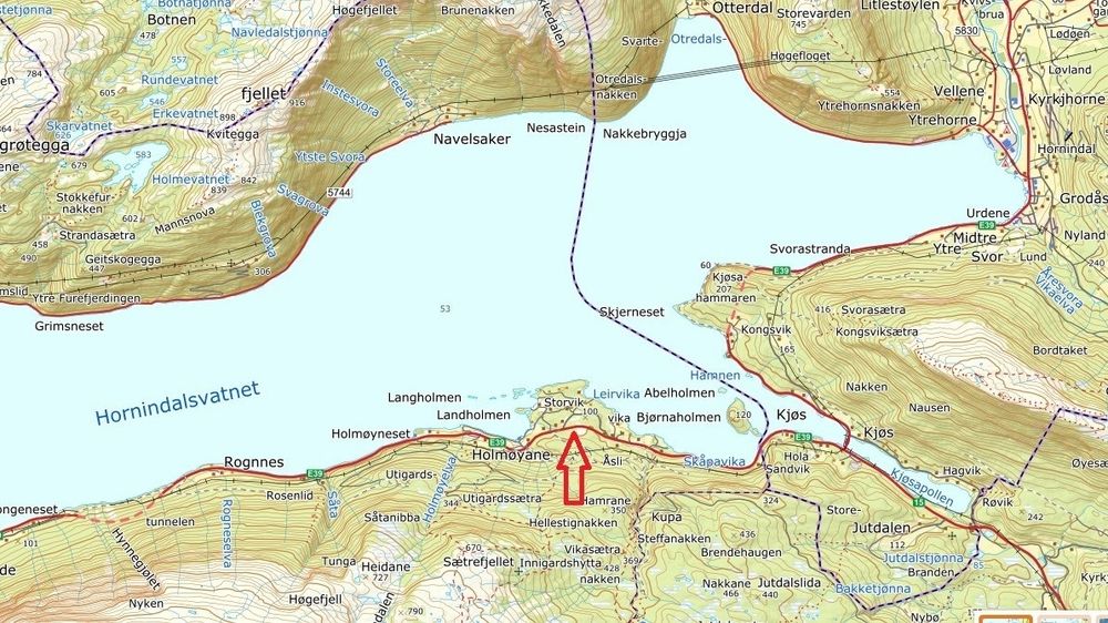 Den røde pilen viser hvor Statens vegvesen skal opparbeide anleggsplass for skredsikring på E39 ved Hornindalsvatnet.
