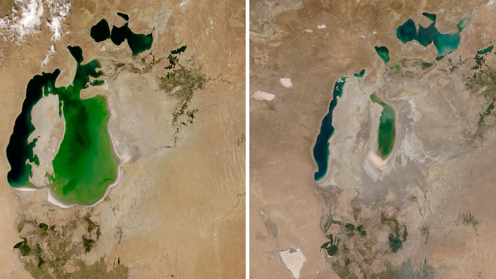 Bilder fra NASA Earth Observatory viser hvordan vannet har minket i Aralsjøen fra 25. august 2000 til 21. august 2018. Innsjøen ligger mellom Kasakhstan og Usbekistan
