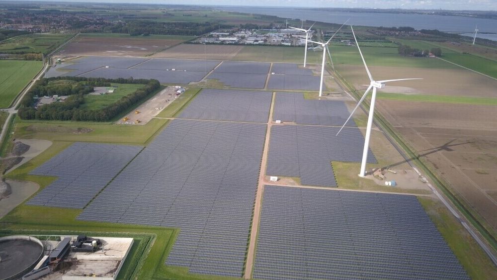 Overskudd av solkraft og vindkraft i Nederland fører til negative strømpriser også i Norge. Bildet er et dronefoto av energiparken Haringvliet zuid i Nederland.