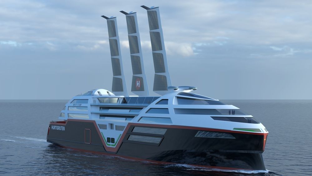 Hurtigrutens nye nullutslippsskip skal være klare til seiling i 2030. De får faste seil som kan trekkes ned, solceller og 60 MWh batterier.