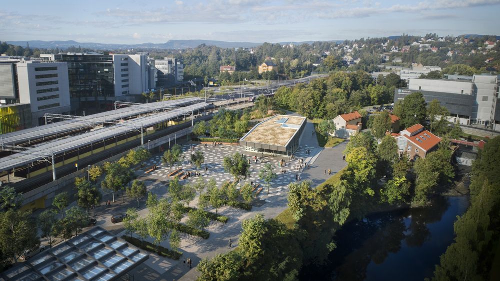 Arkitektenes visualisering av Lysaker T-banestasjon på Fornebubanen. 