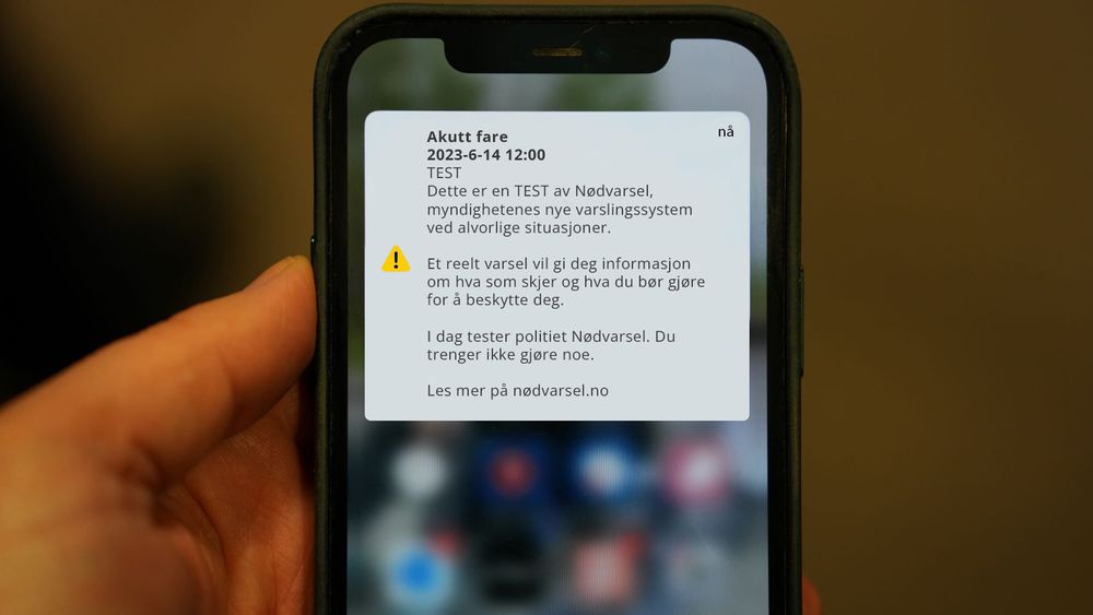 Nødmeldingen som sendes ut til mobiltelefoner klokken tolv i dag.