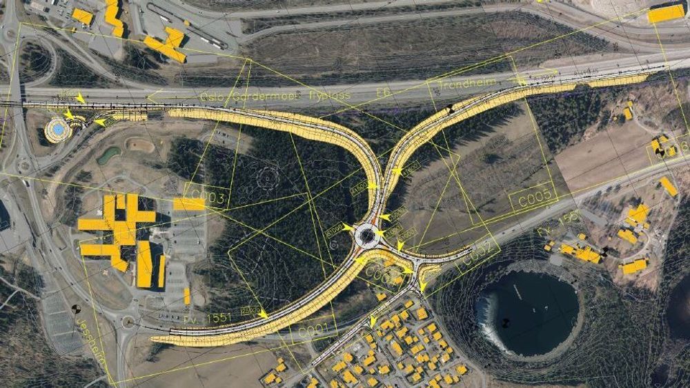 Kartmodell over de nye rampene med tilhørende veier på østsiden av E6 nord for Jessheim.