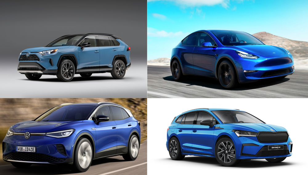 De 4 mest solgte bilmodellene i juni, ifølge tall fra Opplysningsrådet for veitrafikken: Tesla Model Y, Volkswagen ID.4, Skoda Enyaqog Toyota Rav4.