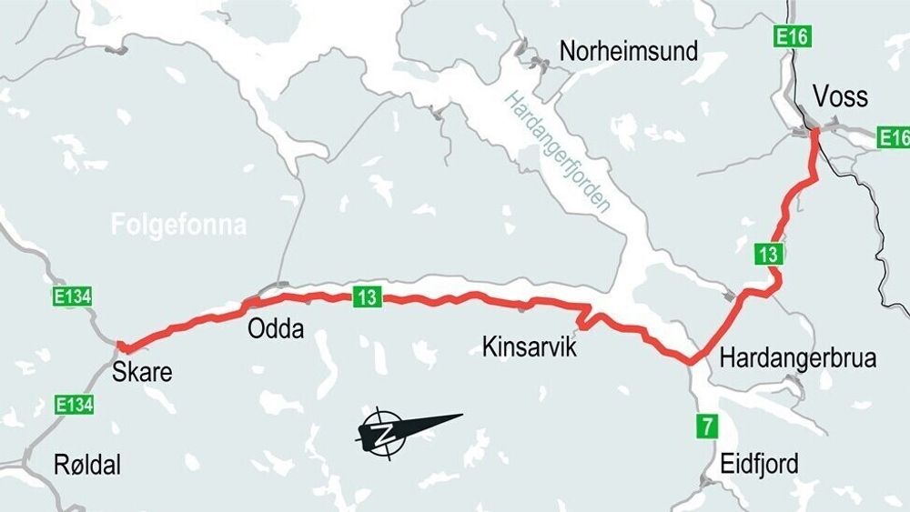 Strekningen Djupevik – Kviturtunnelen ligger noen kilometer nord for Odda på rv 13. NB Dette kartet går ikke nord-syd!