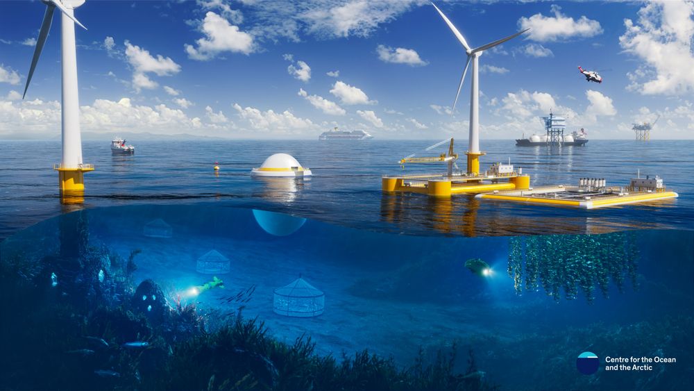 Illustrasjonen viser hvordan en marin næringspark kan inneholde flytende havvind for energiproduksjon, fiskebåter som trenger strøm, oljeproduksjon og kan hende oppdrettsanlegg. Mye ulik produksjon kan samlokaliseres og dra veksel på hverandre.
