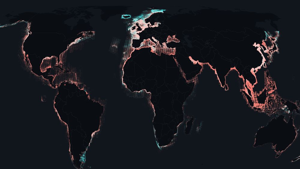 Flesteparten av fiskefartøyene i verden er ikke synlige for offentligheten, viser en ny studie. De blå områdene viser fartøy som er synlige, de røde er usynlige fiskefartøyer.