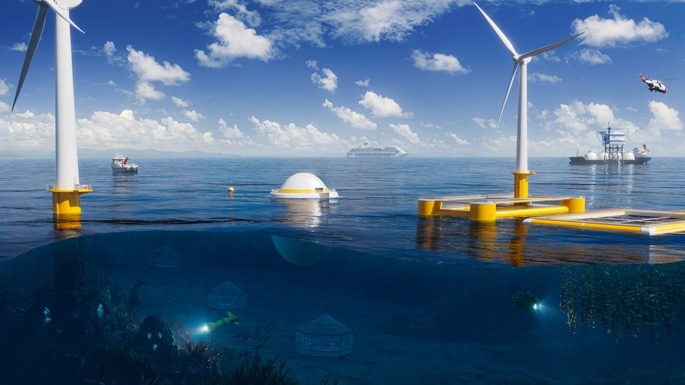 Illustrasjon av havet med havbruk og vindkraft. Artikkelforfatteren tar til orde for mer digitalisering for å få mer lønnsomhet i fornybar energi.