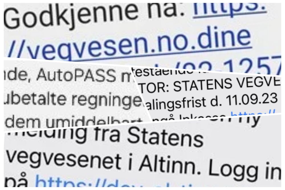 Eksempler på svindel-SMSer som gir seg ut for å være sendt av Statens vegvesen.