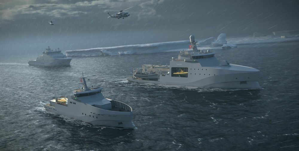 Vard Resilience-serien, med kystvaktfartøy i Jan Mayen-klassen i bakgrunnen. Verftet håper Forsvaret skal velge disse skipene som ny standardklasse.