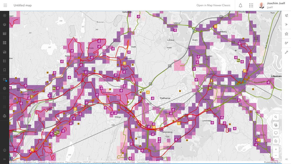 Geodata Online består av over 2 000 datasett, basert på offentlige og kommersielle data. Kartutsnittet viser kollektivdekning og skoler.