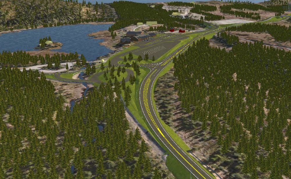 Modell av ny riksvei 4 ved Lygna, der det kommer ny avkjøring til fylkesvei 180 og døgnhvileplass.