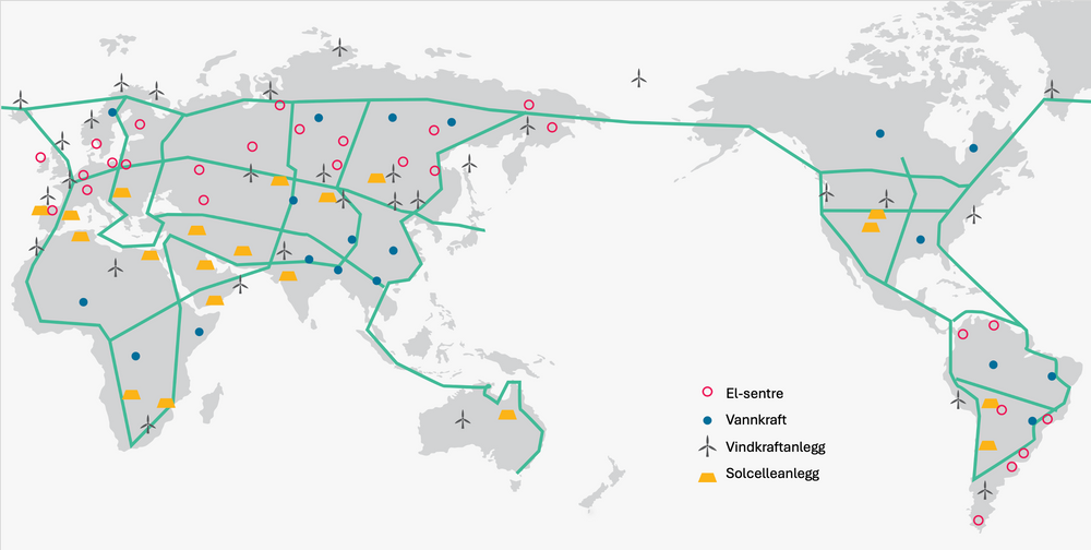 Global Energy Interconnection er et verdensomspennende strømnett som Kinas øverste ledelse vil ha ferdigstilt innen 2070. Det skal bygges i tre etapper og bestå av en ryggsøyle (grønne linjer) som gjør det mulig for fattige land å eksportere sine ofte store mengder fornybar energi. Det samme nettet kan imidlertid også misbrukes som lyttekanaler i forbindelse med spionasje, advarer en ny rapport fra tenketanken Rand.