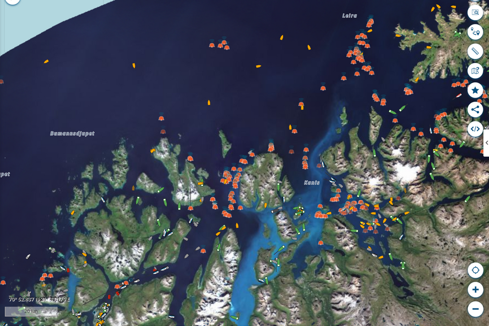 AIS-merkede fiskeredskaper framstår som fartøy på kartplotterne ombord på fartøyene som ferdes langs kysten. Her er redskapene markert med rødt. Bildet er laget ved hjelp av Kystverkets AIS-tjeneste, NAIS.