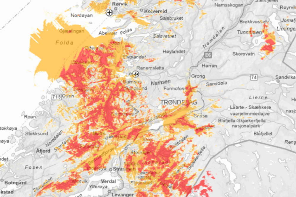 Kartet viser hvor Telenors mobilnett hadde utfall morgenen 19. januar 2025 i Trøndelag etter orkan. 