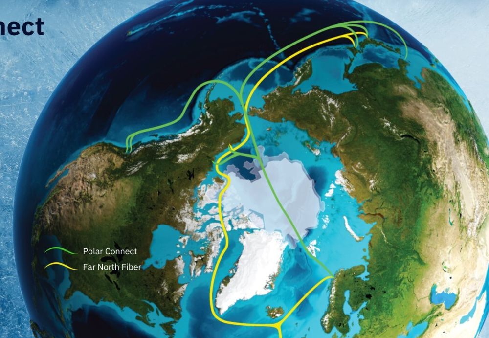 To fiberkabler planlegges nå fra Norge via Arktis til Nord-Amerika og Asia. Polar Connect-kabelen er tegnet med grønt. Far North Fiber-traseen er gul. Disse kablene kan bidra til økt robusthet for datatrafikk mellom Europa og Asia.