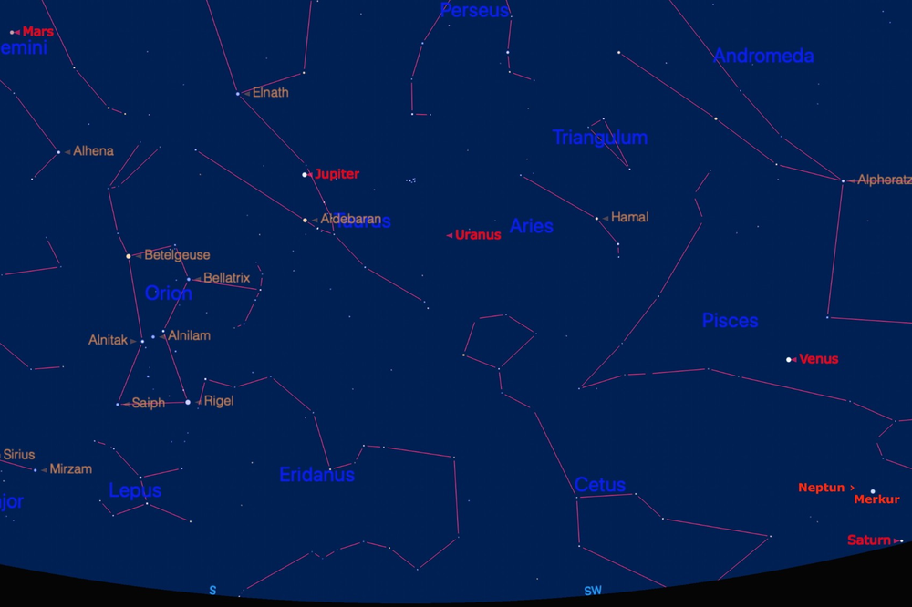 Slik kommer stjernehimmelen til å se ut i Oslo klokken 18.35 fredag 28 februar. Uranus og Neptun vil kun vises svakt.