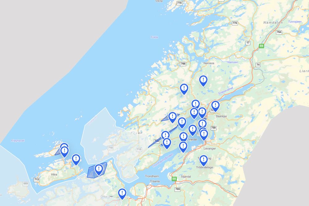 Kartet fra Tensio viser strømbruddene deres torsdag morgen klokken 06.36. De rundt 20 basestasjonene i mobilnettet som er nede samtidig, følger dette kartet.