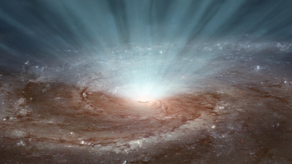 Supermassive svarte hull i midten av galakser sender stråling og ultrarask vind utover i verdensrommet. Bildet er en kunstnerisk fortolkning.