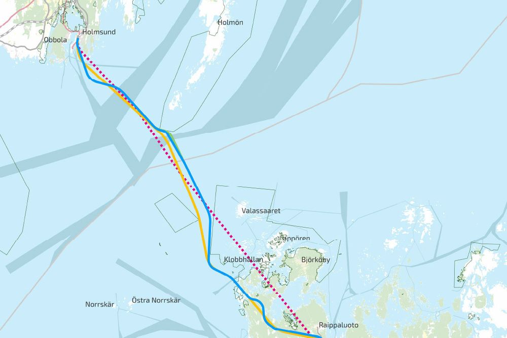 Mulige kryssinger av Kvarken mellom Umeå i Sverige og Vaasa i Finland.