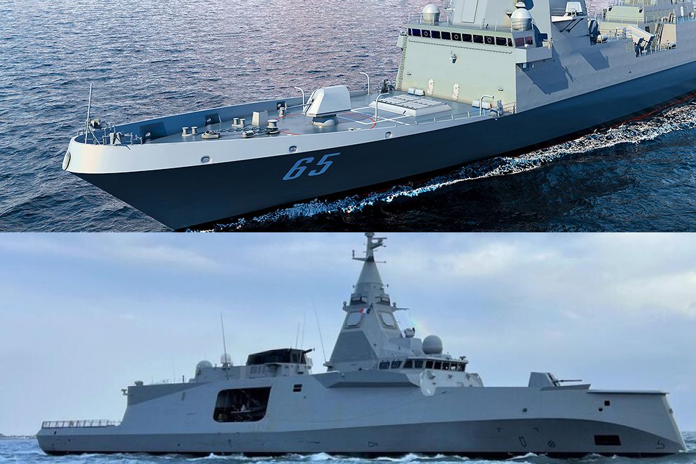 Verken fregatter i den amerikanske Constellation-klassen øverst eller den franske FDI-fregattypen vil leveres med israelske systemer om bord.